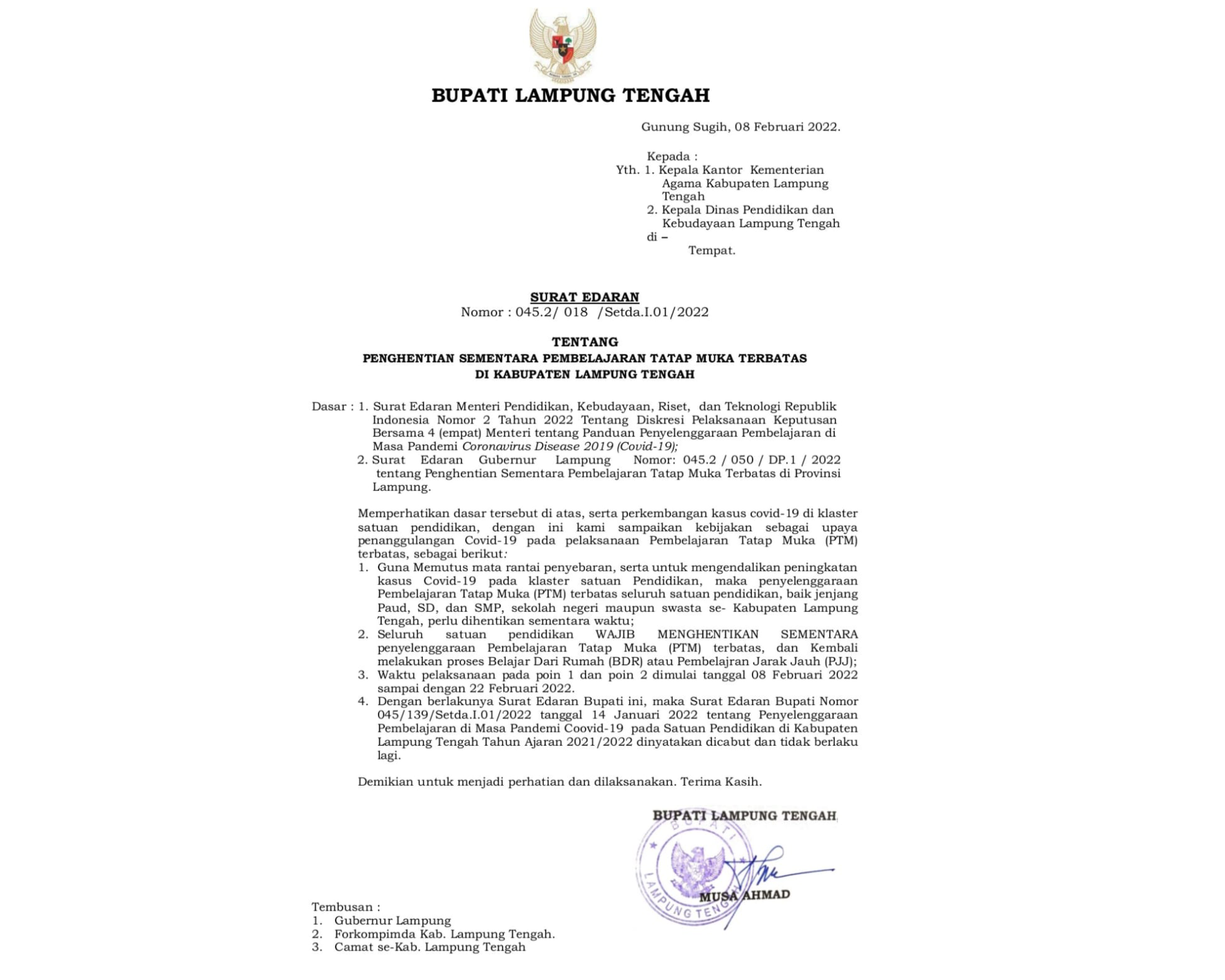 Ini Dia 4 Alasan Penghentian Pembelajaran Tatap Muka di Lampung Tengah