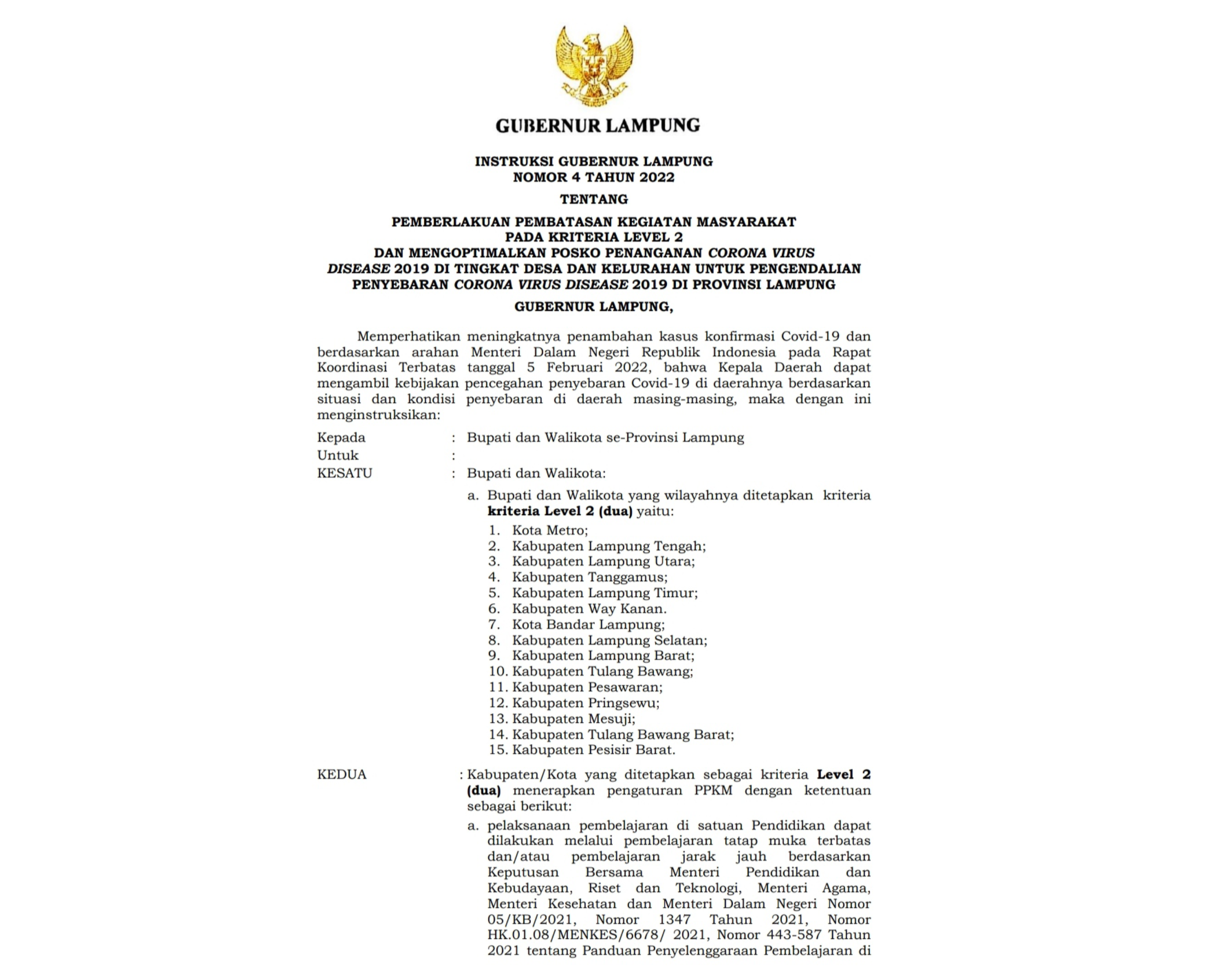 Gubernur Lampung Rilis Intruksi Baru No. 4 Tahun 2022 : PPKM Level 2 Resmi Diberlakukan!