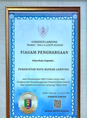 Inspektorat Kota Bandar Lampung Raih Penghargaan Provinsi, Tuntaskan 100 Persen Tindak Lanjut Pengawasan Pemerintahan Daerah